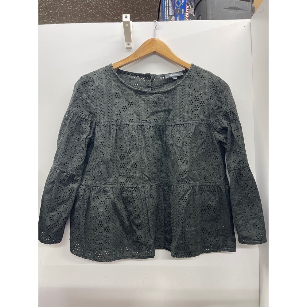 Madewell Eyelet Tiered Babydoll Top Black Long Sleeve Button Back Blouse Size M